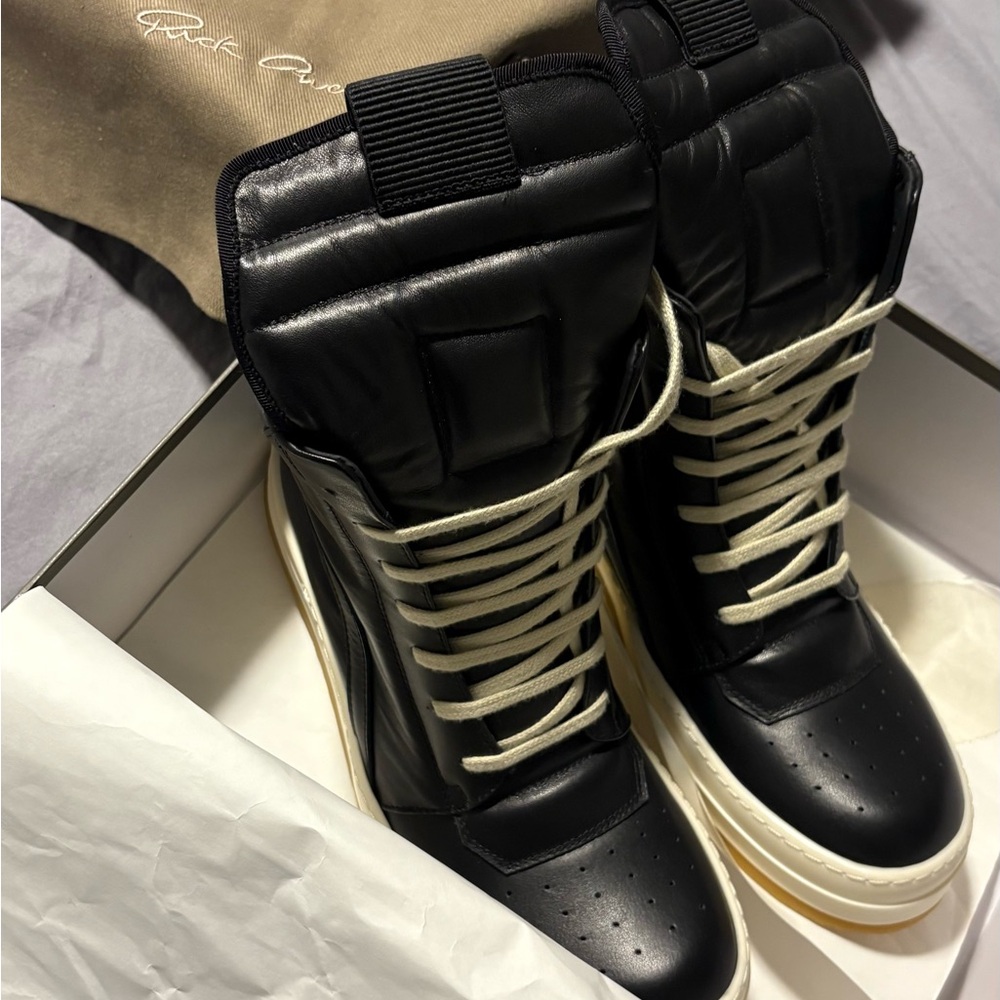 Rick Owens Black High-Top Leather
Sneakers with Cream Laces
